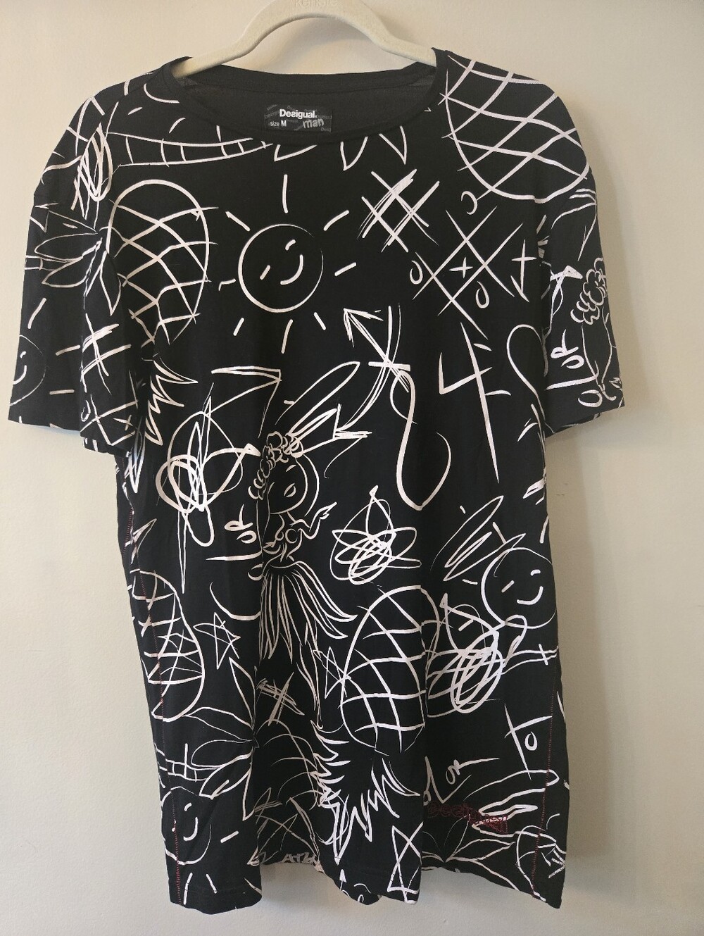 Desigual Black White Graffiti Doodle Print Graphic T-Shirt [Medium] Crisp Art